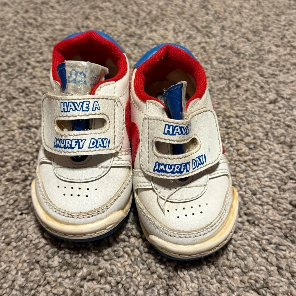 Vintage Smurfs Baby Shoes Hook Loop Sneakers Kids White Red Blue‎ Size 2